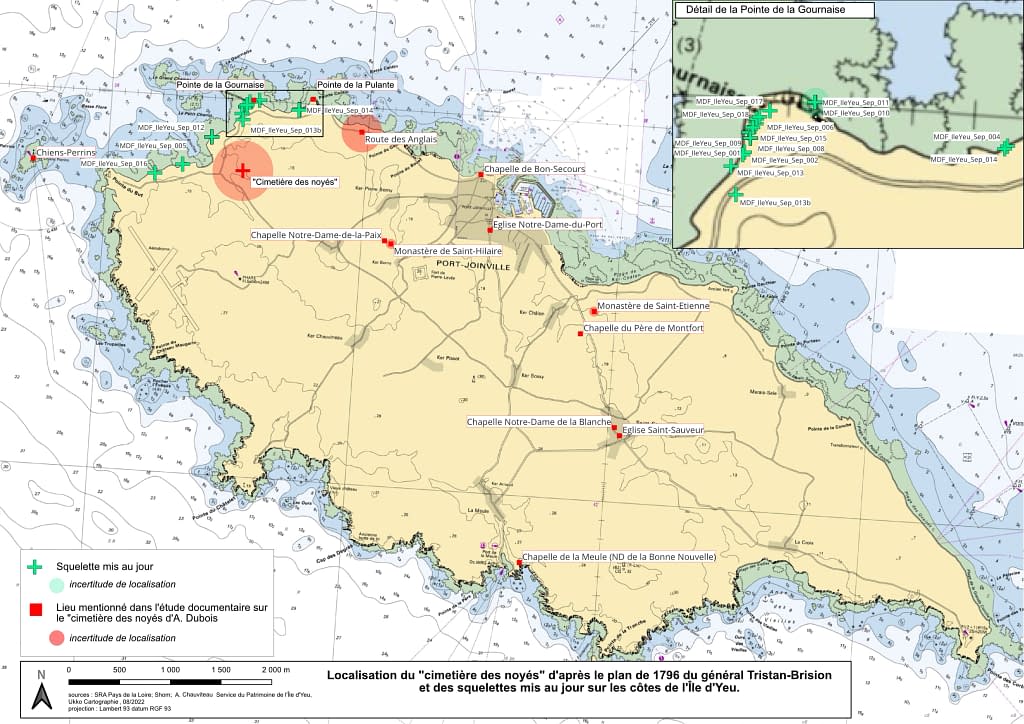 SIG_cimetièreNoyés_Yeu_LocalisationLieuxEtudeDoc_SquelettesDecouverts geospatiale vendée